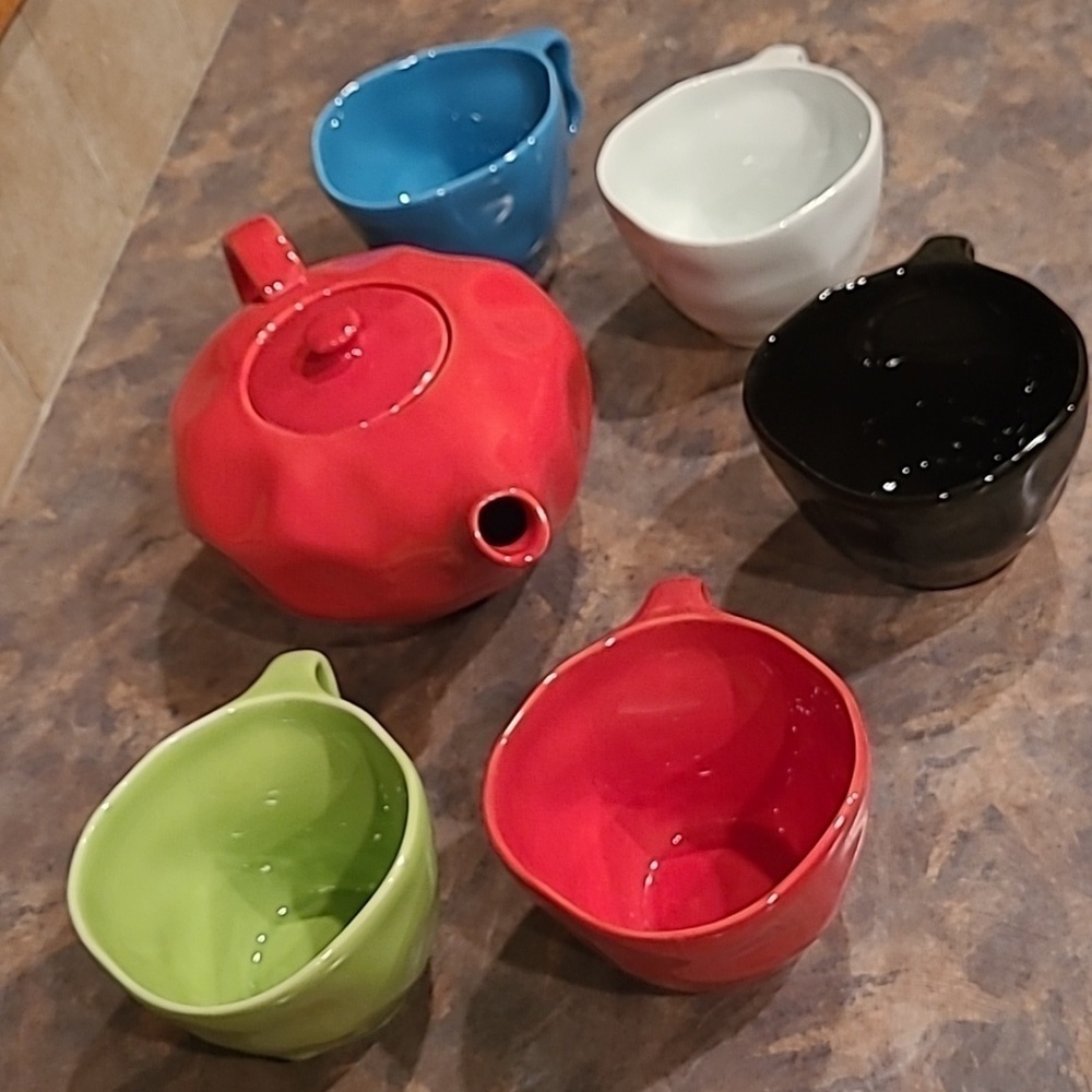 ORNATE UNIQUE TEAPOT AND MUGS, Multi- Colored, Ceramic